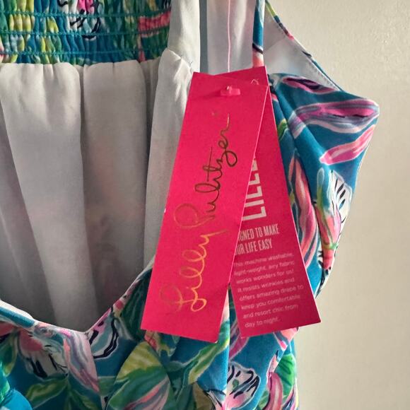 New Lilly Pulitzer Cadie Cami Top Turquoise Tie Front Smocked Sleeveless Sz 14 - Picture 5 of 7